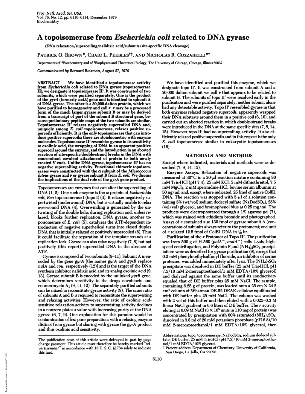 A Topoisomerase from Escherichia Coli Related to DNA Gyrase (DNA Relaxation/Supercoiling/Nalidixic Acid/Subunits/Site-Specific DNA Cleavage) PATRICK 0