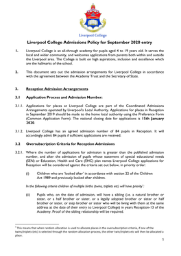 Liverpool College Admissions Policy for September 2020 Entry