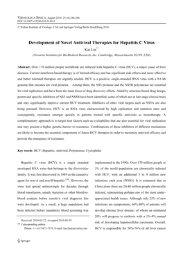 Development of Novel Antiviral Therapies for Hepatitis C Virus Kai Lin** (Novartis Institutes for Biomedical Research, Inc