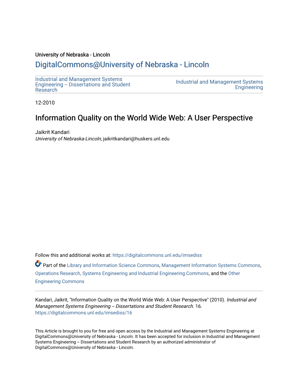 Information Quality on the World Wide Web: a User Perspective