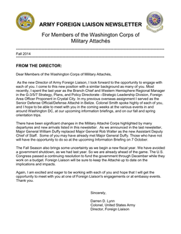 ARMY FOREIGN LIAISON NEWSLETTER for Members of the Washington Corps of Military Attachés