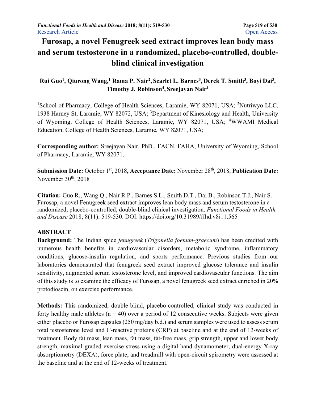 Furosap, a Novel Fenugreek Seed Extract Improves Lean Body Mass and Serum Testosterone in a Randomized, Placebo-Controlled, Double- Blind Clinical Investigation