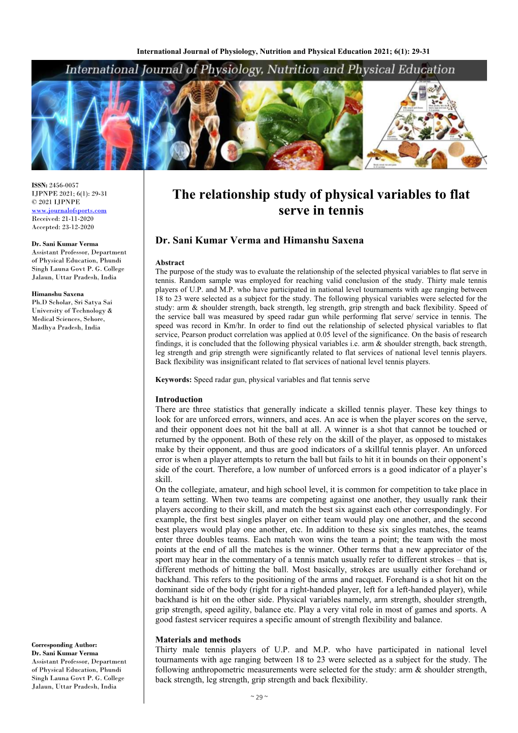 The Relationship Study of Physical Variables to Flat Serve in Tennis