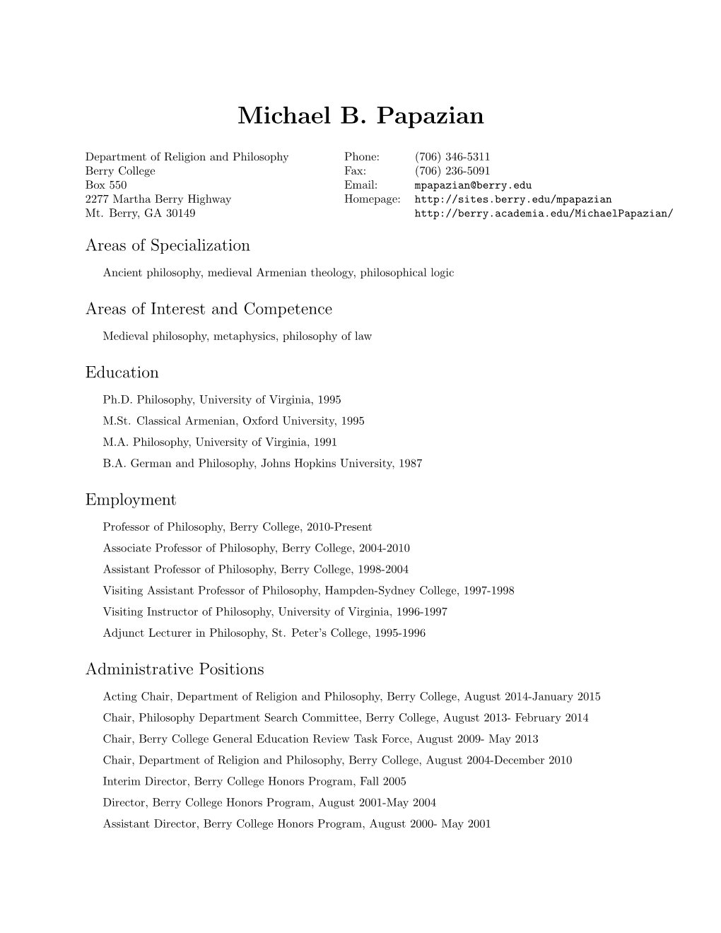 Michael B. Papazian: Curriculum Vitae