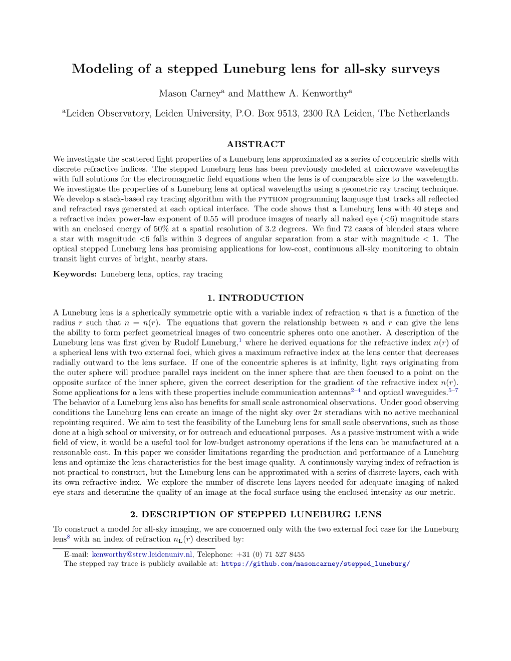 Modeling of a Stepped Luneburg Lens for All-Sky Surveys