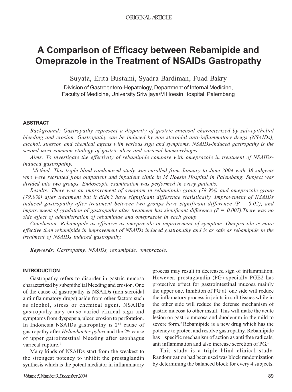 A Comparison of Efficacy Between Rebamipide and Omeprazole in the Treatment of Nsaids Gastropathy