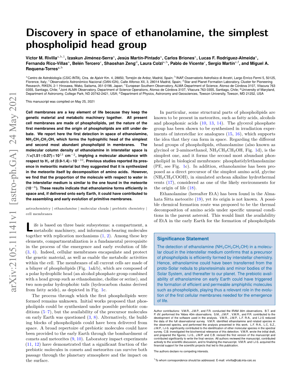 Discovery in Space of Ethanolamine, the Simplest Phospholipid Head Group