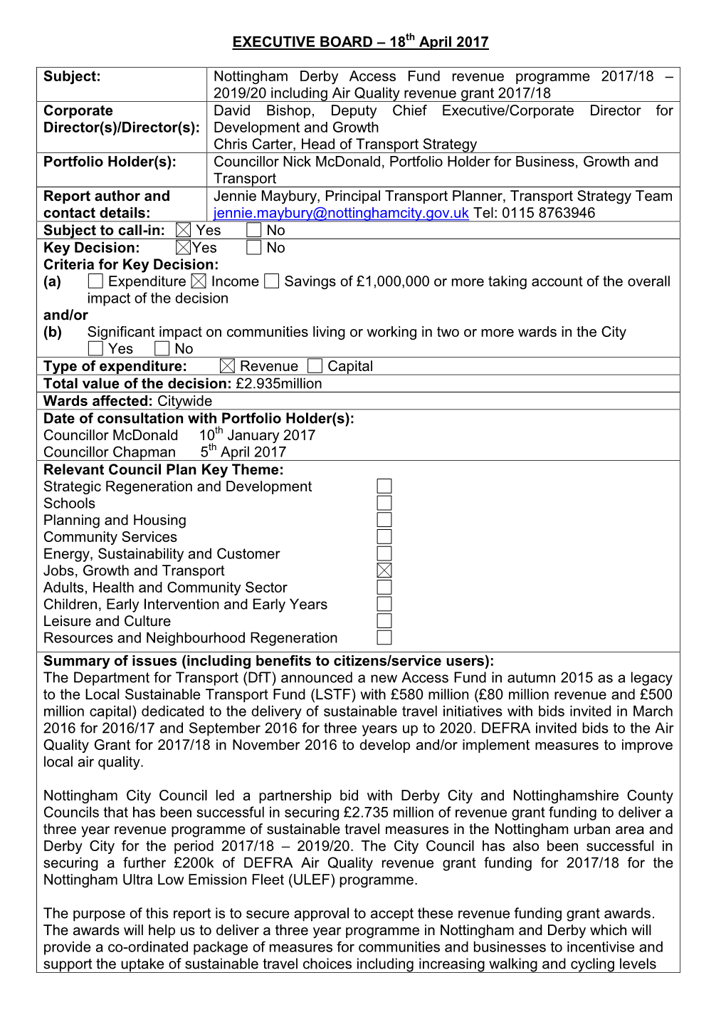 Nottingham Derby Access Fund Revenue Programme 2017/18