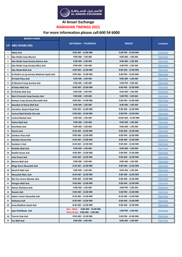 Al Ansari Exchange RAMADAN TIMINGS 2021 for More Information Please Call 600 54 6000