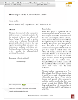 Pharmacological Activities of Alstonia Scholaris: a Review