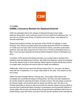11.13.2020 CHINA | Concerns Remain for Detained Activist