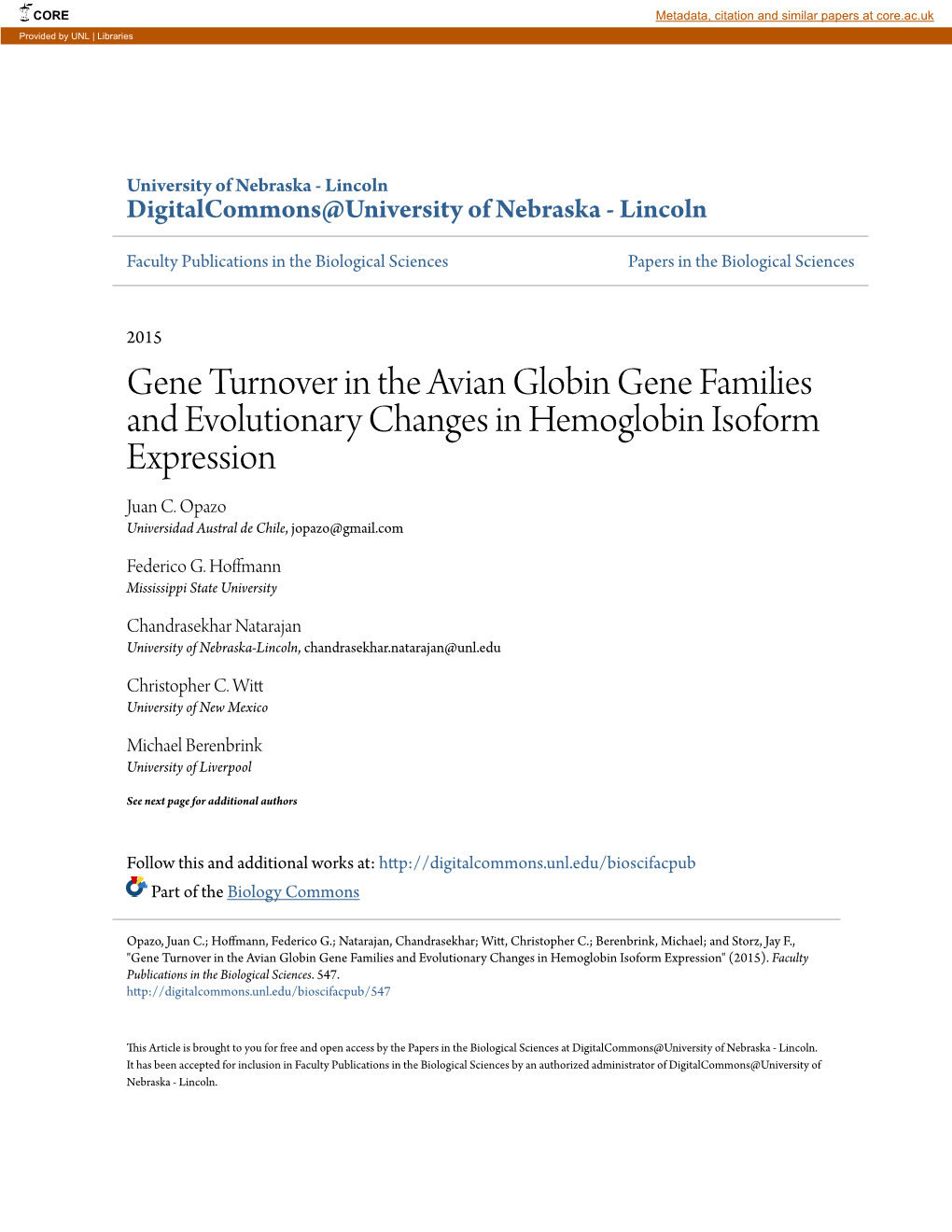 Gene Turnover in the Avian Globin Gene Families and Evolutionary Changes in Hemoglobin Isoform Expression Juan C