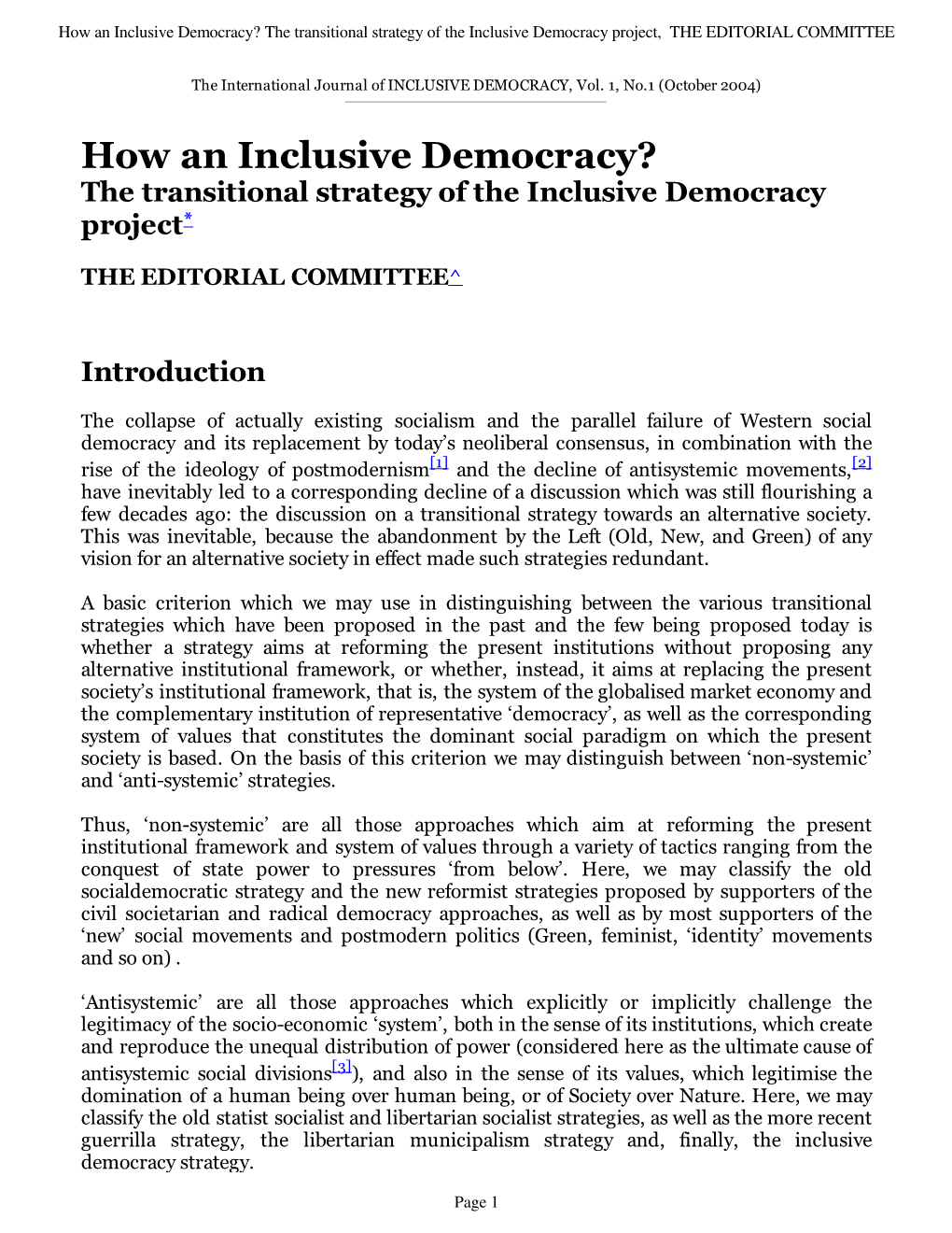 How an Inclusive Democracy? the Transitional Strategy of the Inclusive Democracy Project, the EDITORIAL COMMITTEE