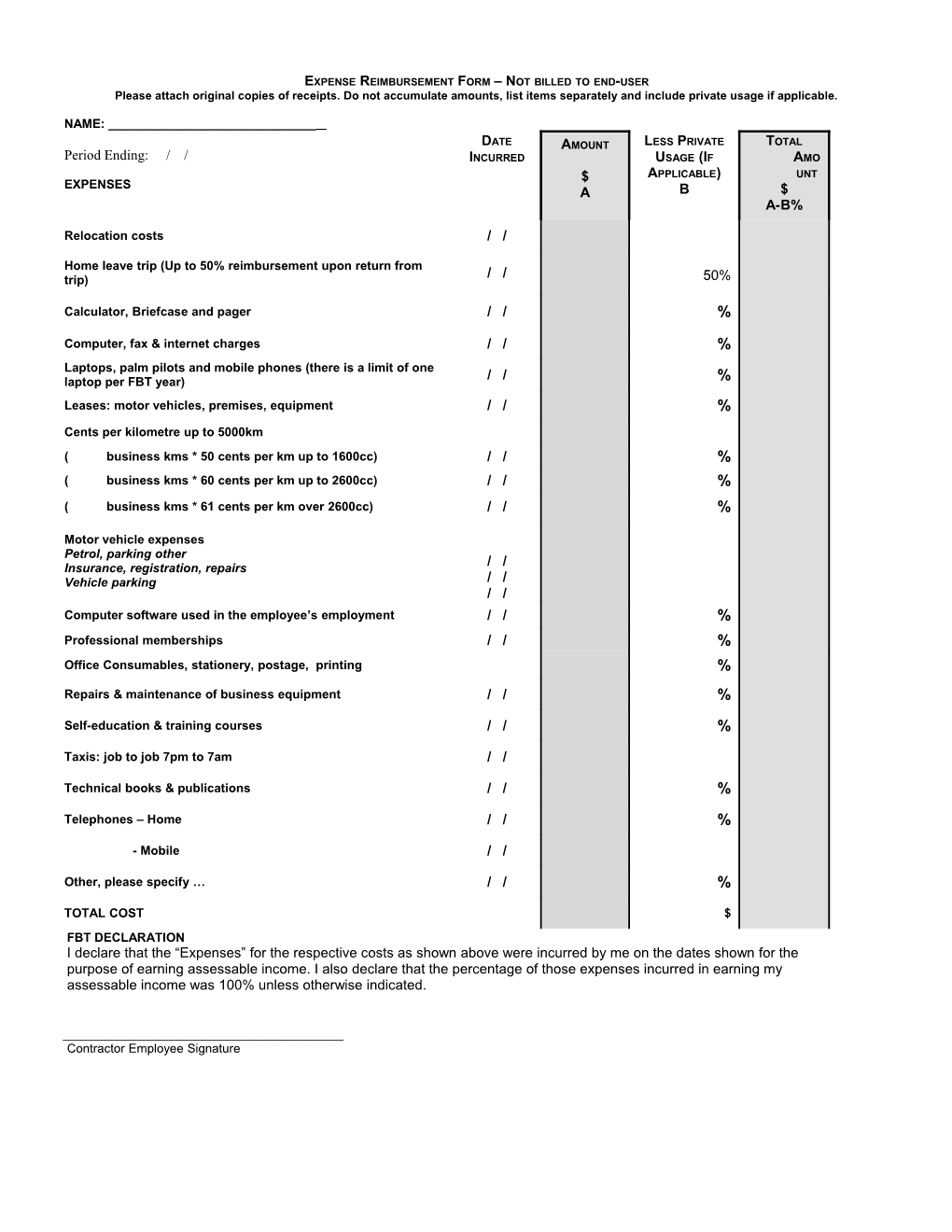 Expense Reimbursement Form for Australian and Sponsored Contractors