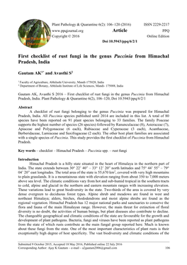 First Checklist of Rust Fungi in the Genus Puccinia from Himachal Pradesh, India