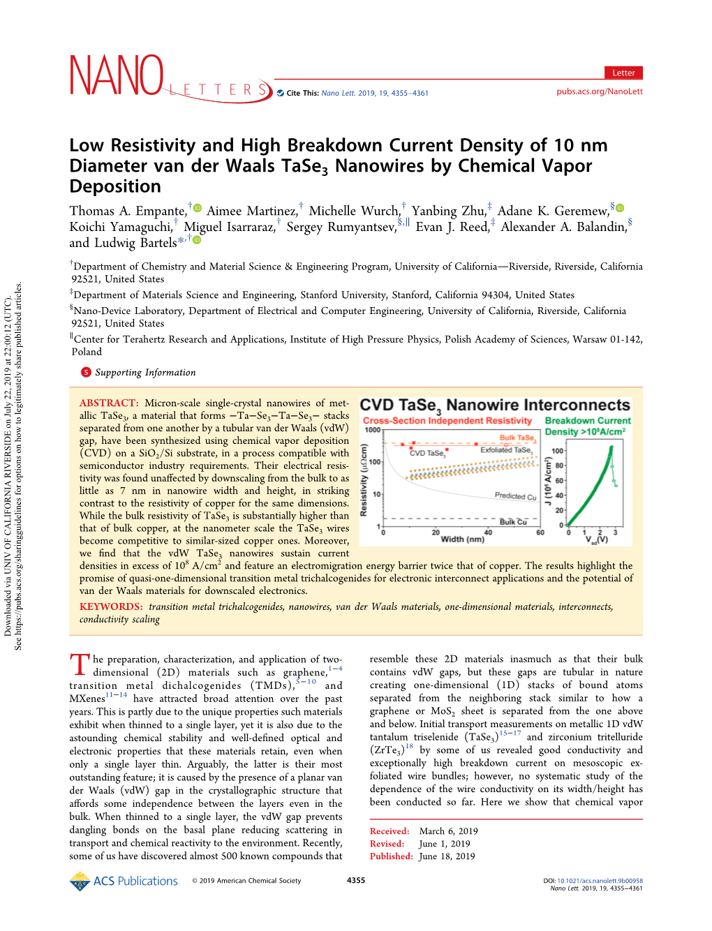 Low Resistivity and High Breakdown Current Density of 10 Nm Diameter Van Der Waals Tase3 Nanowires by Chemical Vapor Deposition † † † ‡ § Thomas A