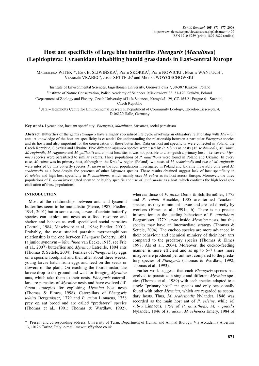 Host Ant Specificity of Large Blue Butterflies Phengaris (Maculinea) (Lepidoptera: Lycaenidae) Inhabiting Humid Grasslands in East-Central Europe