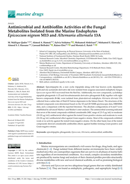 Antimicrobial and Antibiofilm Activities of the Fungal Metabolites Isolated from the Marine Endophytes Epicoccum Nigrum M13