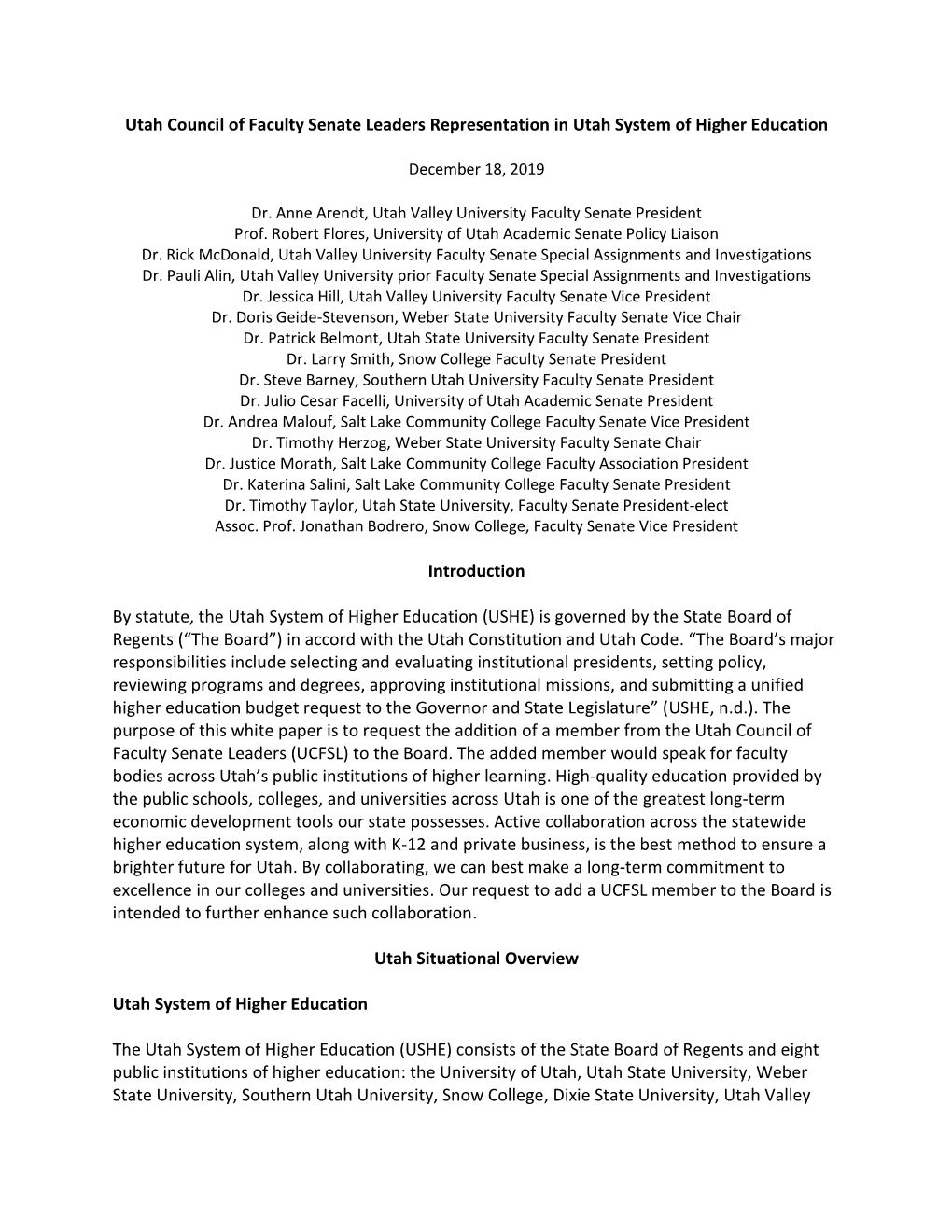 Utah Council of Faculty Senate Leaders Representation in Utah System of Higher Education