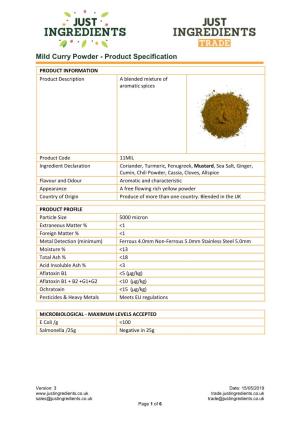 Mild Curry Powder - Product Specification