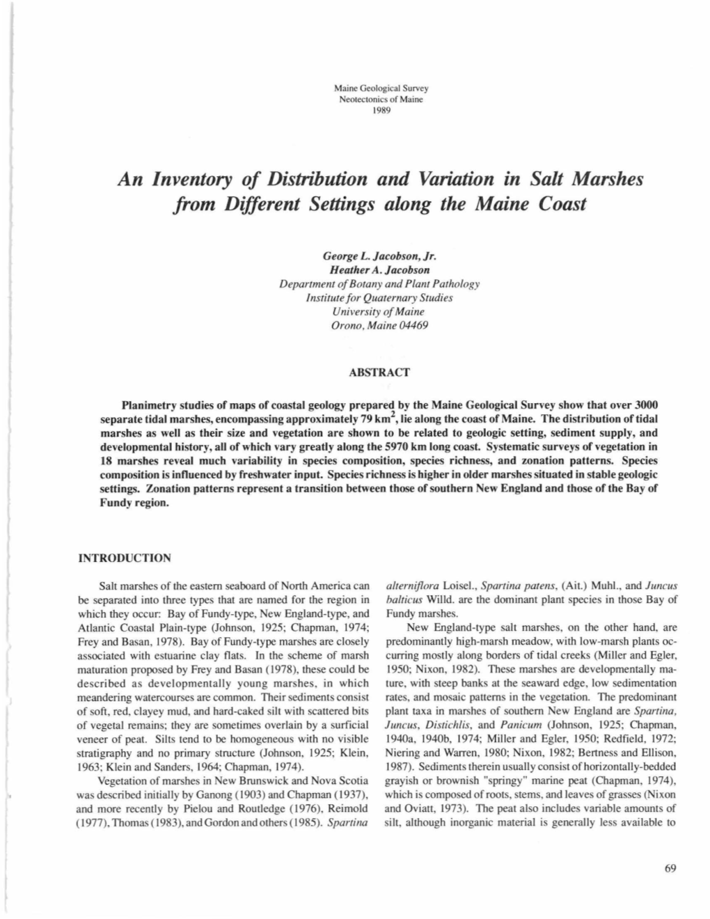 An Inventory of Distribution and Varilltion in Salt Marshes from Different Settings Along the Maine Coast