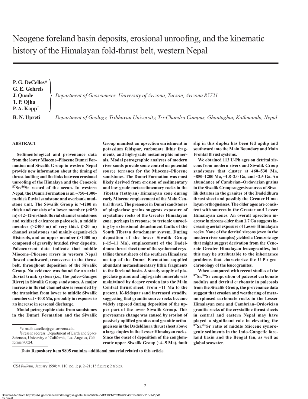 GSA Bulletin: Neogene Foreland Basin Deposits, Erosional Unroofing, And