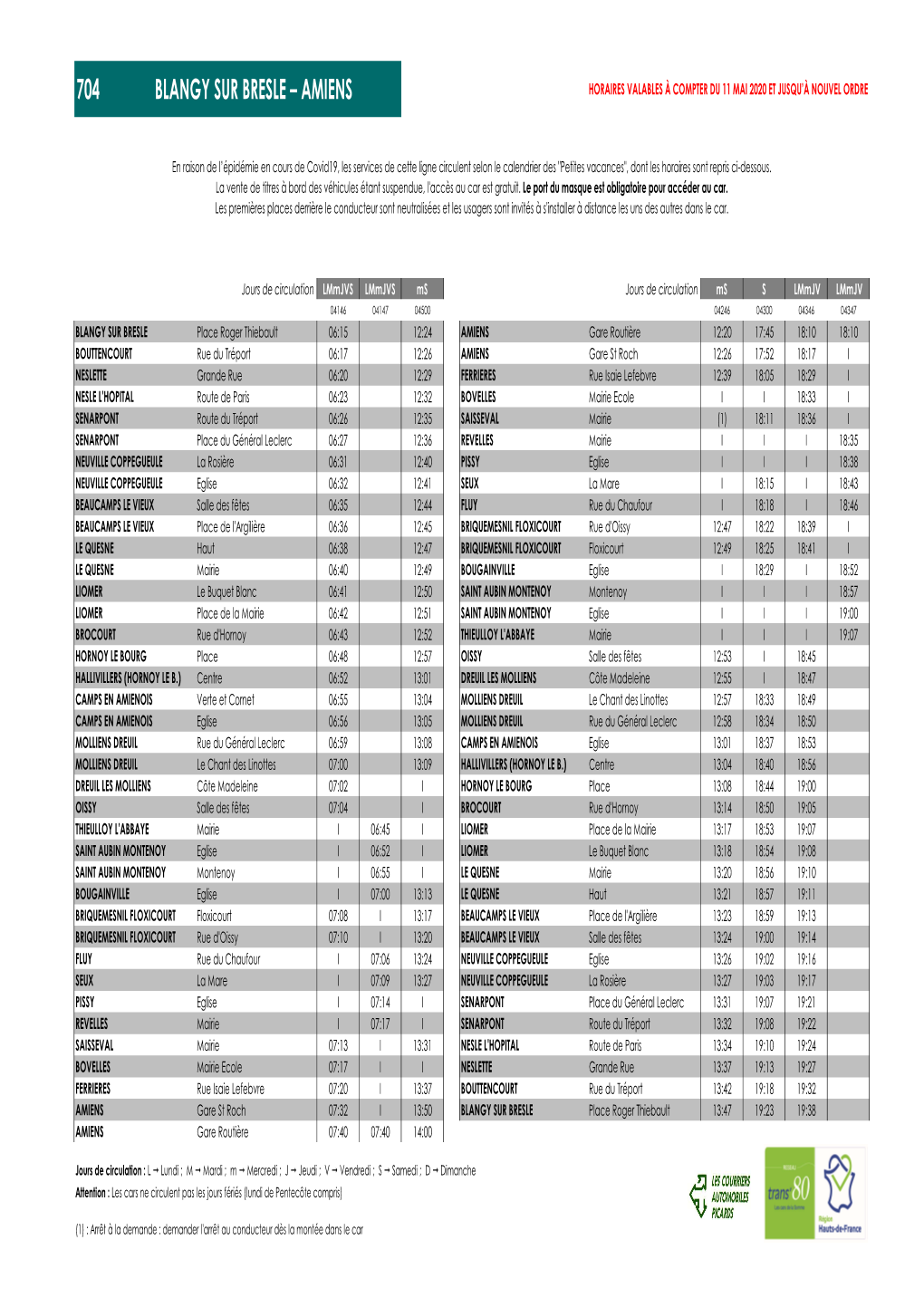 704 Blangy Sur Bresle – Amiens Horaires Valables À Compter Du 11 Mai 2020 Et Jusqu’À Nouvel Ordre