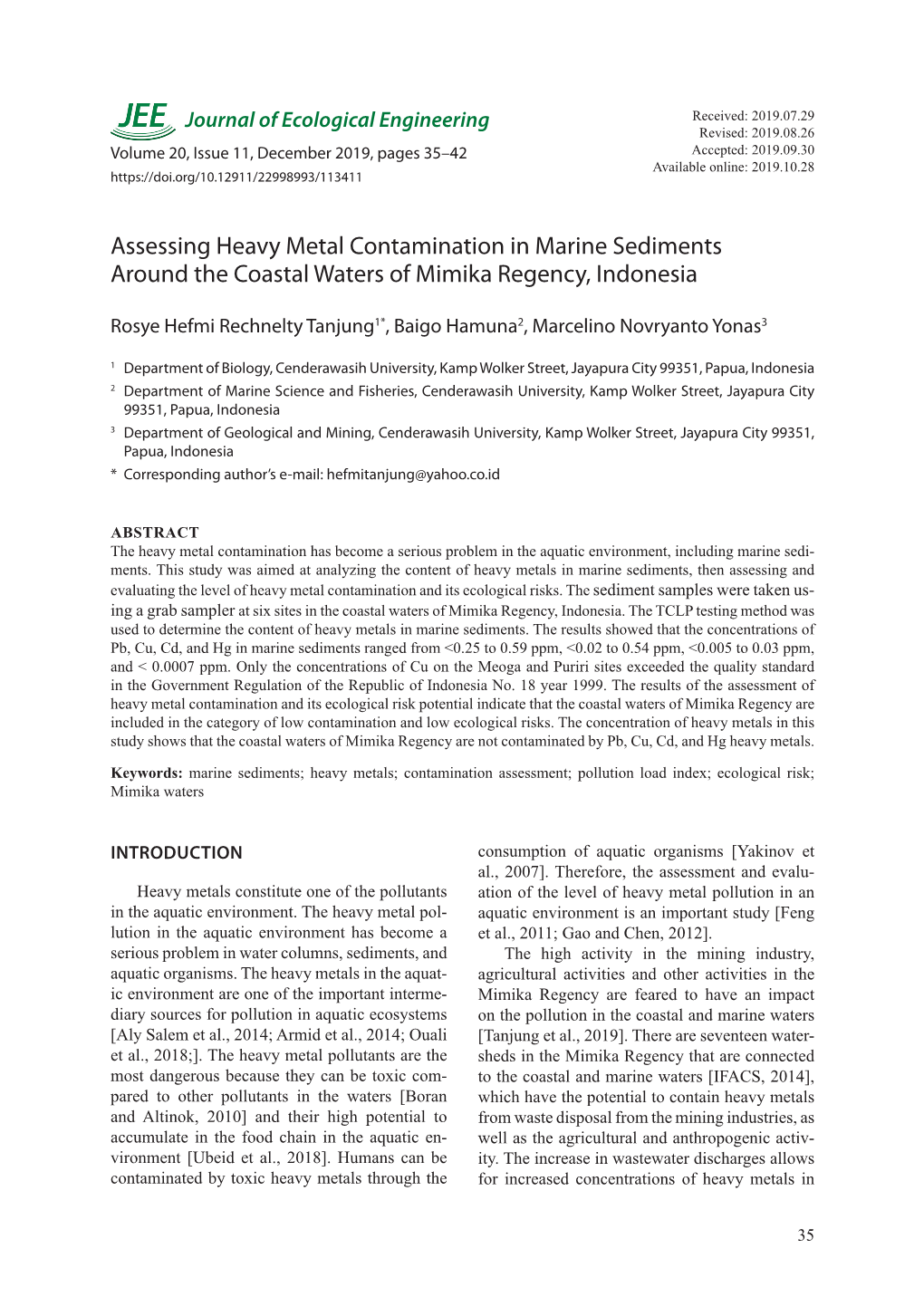 Assessing Heavy Metal Contamination in Marine Sediments Around the Coastal Waters of Mimika Regency, Indonesia