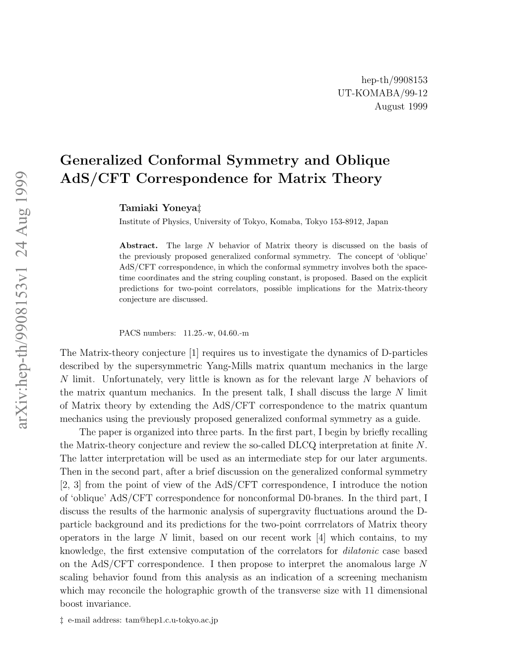 Generalized Conformal Symmetry and Oblique Ads/CFT Correspondence