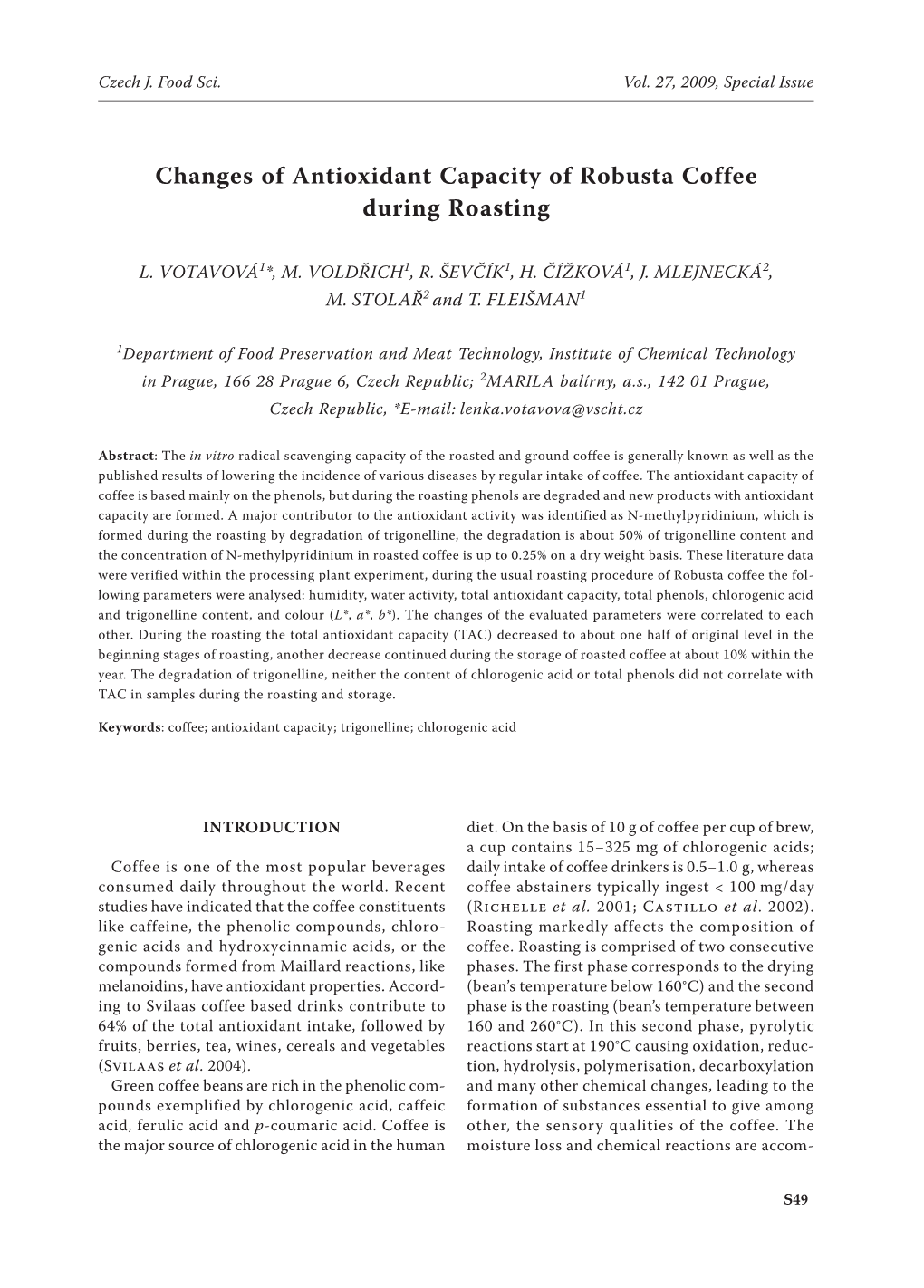 Changes of Antioxidant Capacity of Robusta Coffee During Roasting