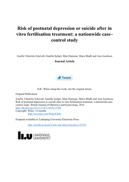Risk of Postnatal Depression Or Suicide After in Vitro Fertilisation Treatment: a Nationwide Case– Control Study
