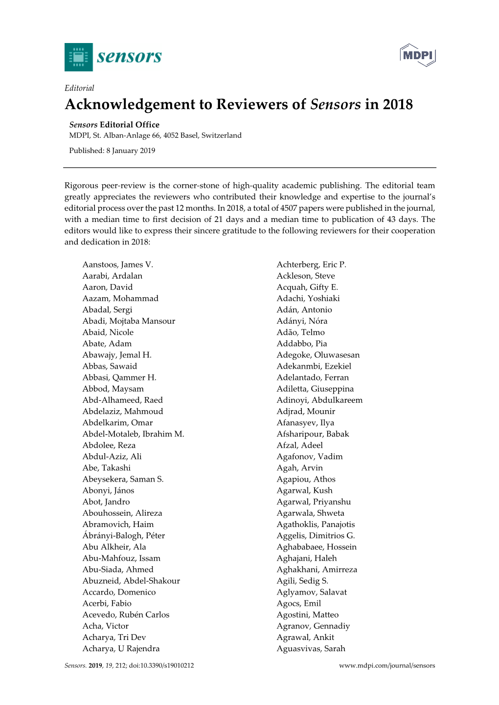 Acknowledgement to Reviewers of Sensors in 2018 Sensors Editorial Office MDPI, St