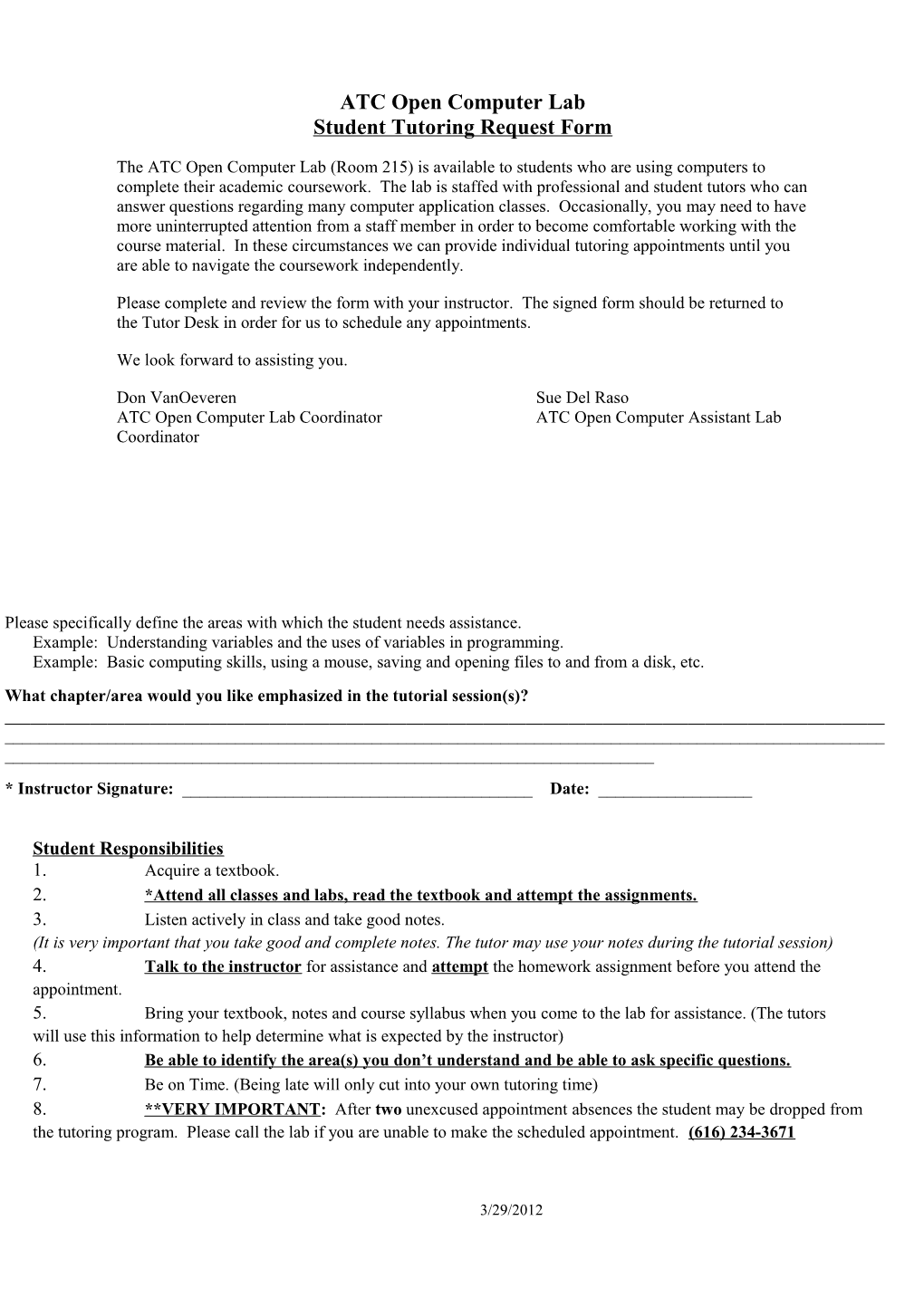 Student Tutoring Request Form