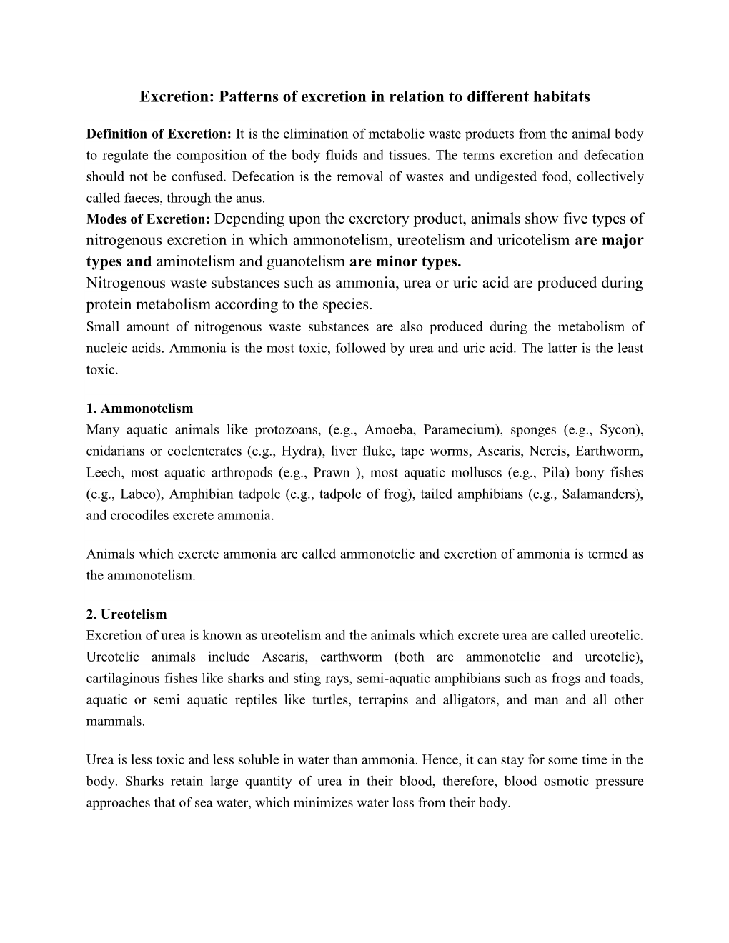 Patterns of Excretion in Relation to Different Habitats