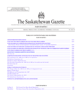 THE SASKATCHEWAN GAZETTE, June 8, 2012 1273 (REGULATIONS)/CE NUMÉRO NE CONTIENT PAS DE PARTIE III (RÈGLEMENTS)