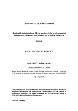 Quelea Birds in Southern Africa: Protocols for Environmental Assessment of Control and Models for Breeding Forecasts