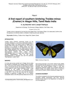 A First Report of Southern Birdwing Troides Minos (Cramer) in Alagar Hills, Tamil Nadu India