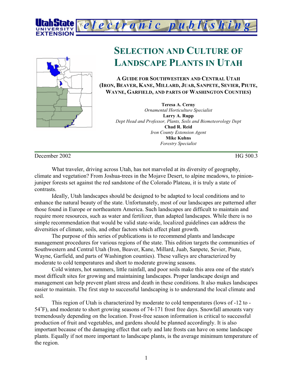 Selectionand Culture of Landscape Plants in Utah, a Guide For