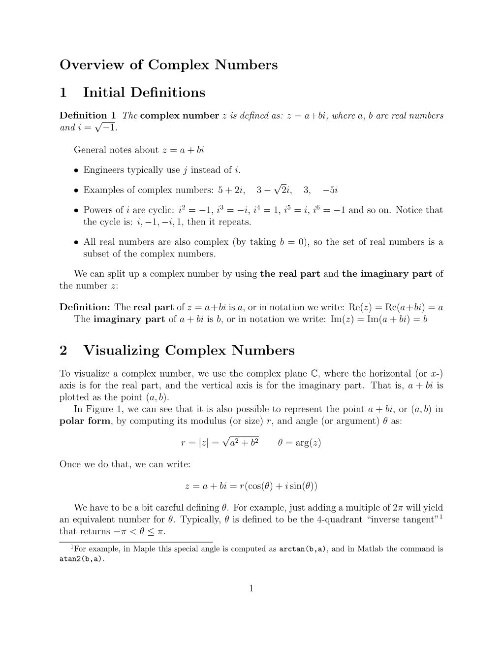 Overview of Complex Numbers 1 Initial Definitions