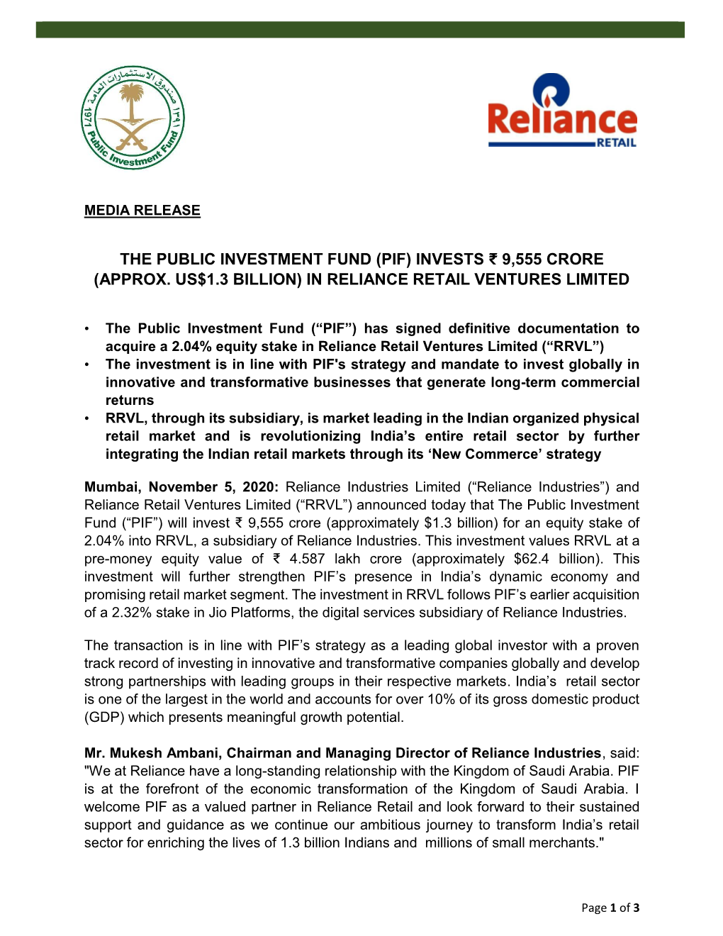 The Public Investment Fund (Pif) Invests ₹ 9,555 Crore (Approx