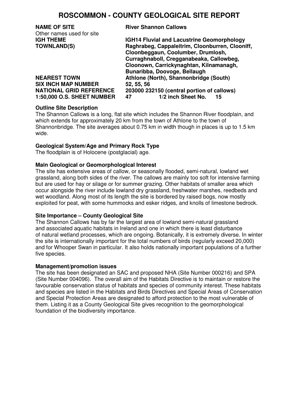 Roscommon - County Geological Site Report