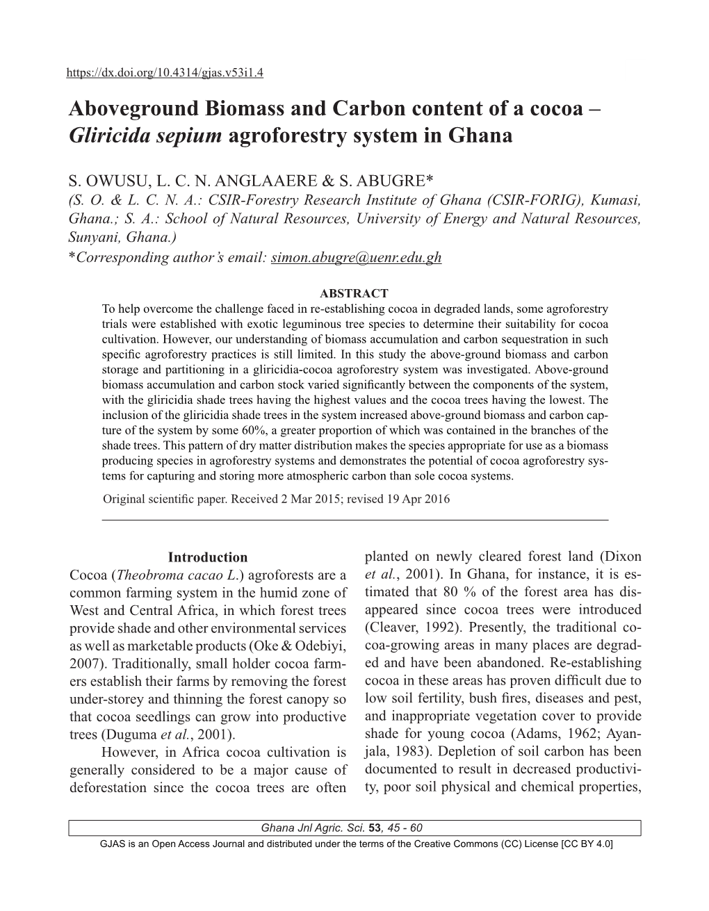 Aboveground Biomass and Carbon Content of a Cocoa – Gliricida Sepium Agroforestry System in Ghana