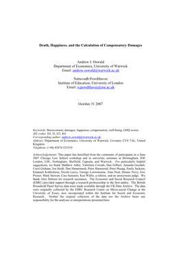 Death, Happiness, and the Calculation of Compensatory Damages Andrew J. Oswald Department of Economics, University of Warwick Em