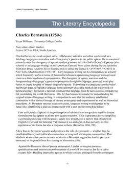 Literary Encyclopedia: Charles Bernstein