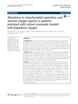 Alterations in Mitochondrial Respiration and Reactive Oxygen Species in Patients Poisoned with Carbon Monoxide Treated with Hyperbaric Oxygen David H