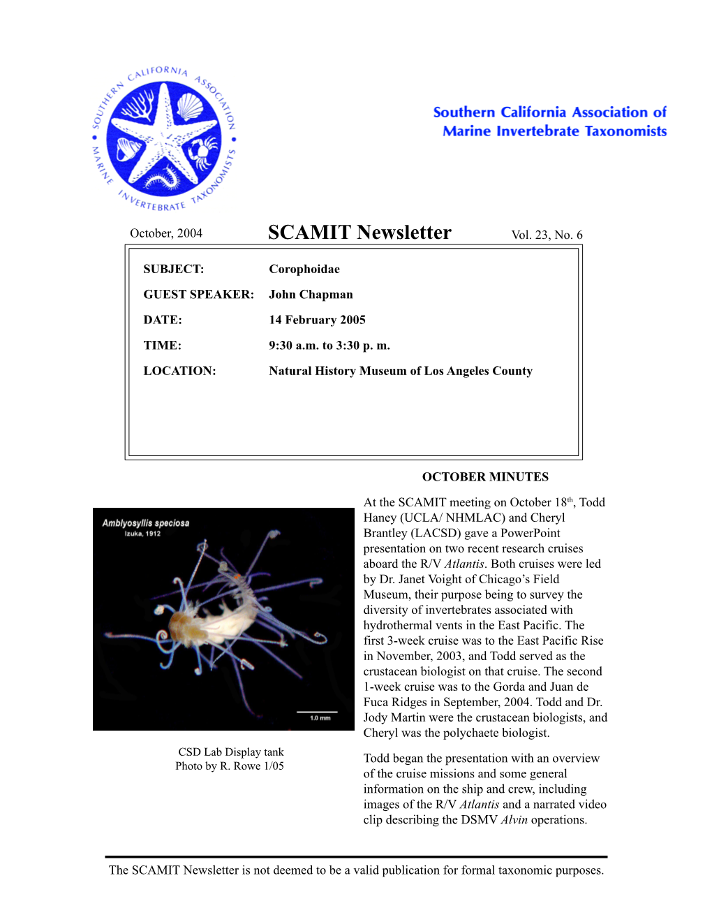 SCAMIT Newsletter Vol. 23 No. 6 2004 October