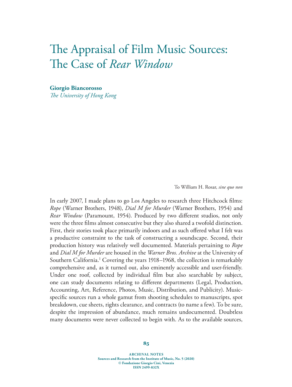 The Appraisal of Film Music Sources: the Case of Rear Window