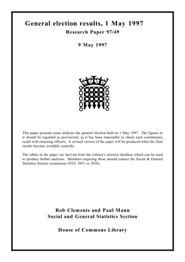 General Election Results, 1 May 1997 Research Paper 97/49