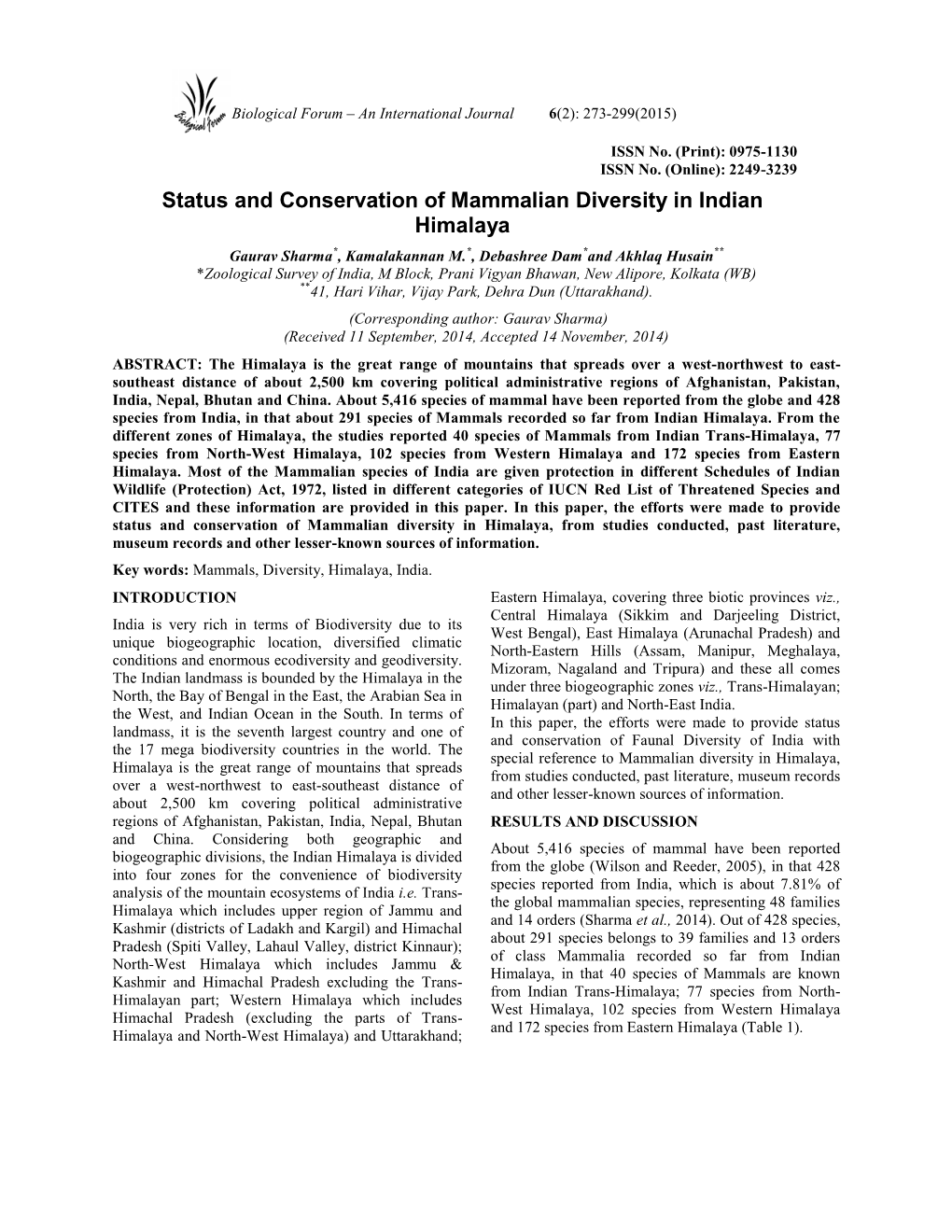 Status and Conservation of Mammalian Diversity in Indian