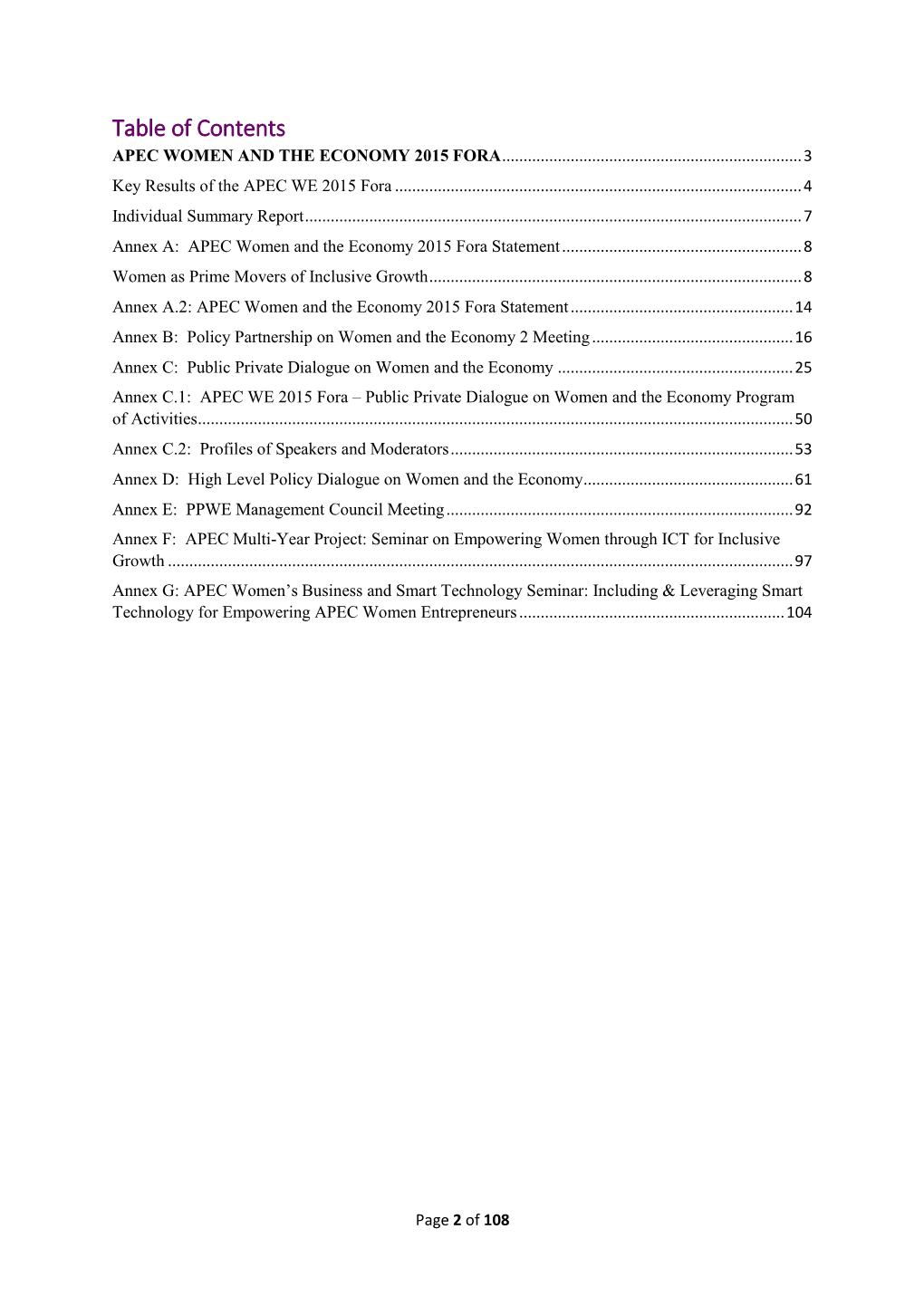 Table of Contents APEC WOMEN and the ECONOMY 2015 FORA